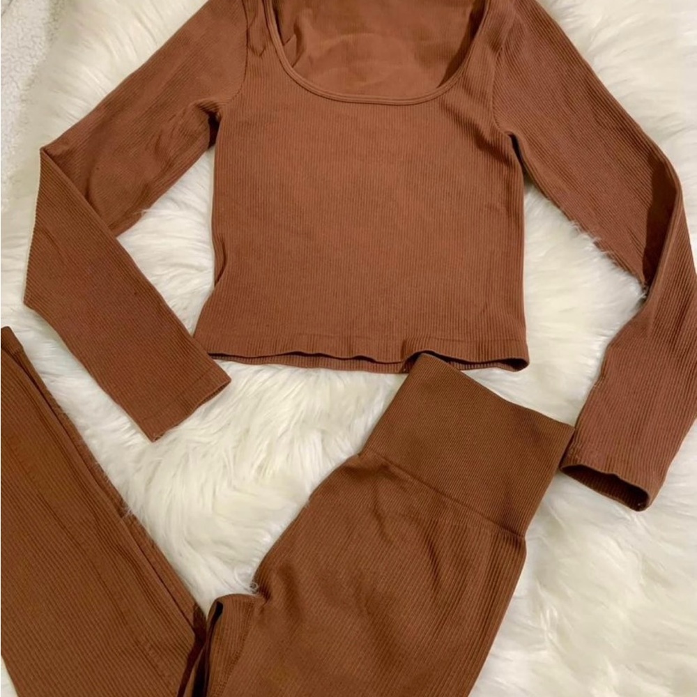 Brown Ribbed Long Sleeve Top and Leggings Set